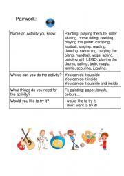 English Worksheet: Pairwork Talk about your Hobbies