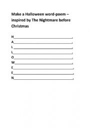 English Worksheet: Word-poem - The Nightmare before Christmas