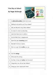 English Worksheet: Poem Worksheet: First Day At School by Roger McGough