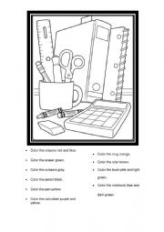 English Worksheet: Colors and School Objects