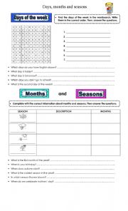 English Worksheet: days, months and seasons