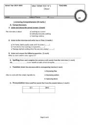 English Worksheet: mid term test 1 ( first form)