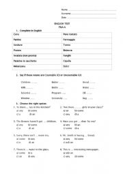 English Worksheet: English test countables and uncountables
