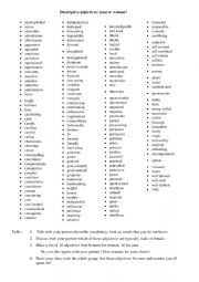 English Worksheet: descriptive adjectives for men and women + partner work