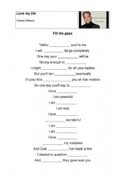 English Worksheet: Listening Comprehension easier version Robbie Williams I love my life