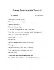 English Worksheet: Reporting/Losing Something On Vacation Role-Play Full Dialogue And Dialogue Boxes