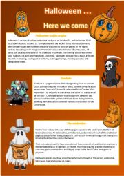 English Worksheet: Halloween here we come - Reading comprehension on the origins of Halloween with keys