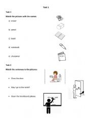 English Worksheet: school supplies/classroom language & introducing myself test