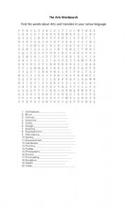 English Worksheet: The Arts Wordsearch