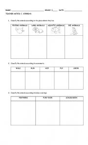 English Worksheet: animals classification