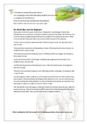 The blind men and the elephant folk tale worksheet 