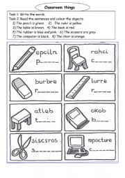 English Worksheet: Classroom objects coloring