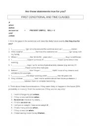 English Worksheet: FIRST CONDITIONAL AND TIME CLAUSES - WRITTEN AND ORAL practice
