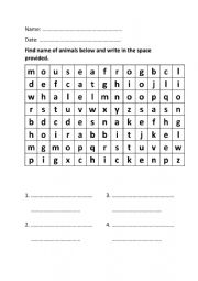 English Worksheet: animals wordsearch