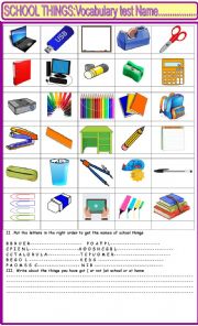 English Worksheet: School things vocabulary test or activity
