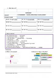 English Worksheet: To remember - hours, money, directions and places