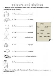 English Worksheet: worksheet revision clothes numbers colours food