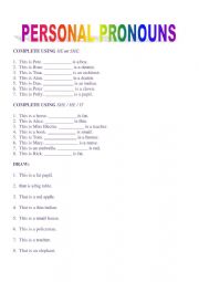 English Worksheet: Presonal Pronouns HE-SHE-IT  that-this