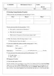 English Worksheet: Mid-Term Test 8th Form