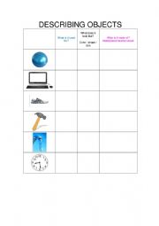 English Worksheet: DESCRIBING OBJECTS