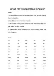 English Worksheet: bingo for third personal singular form
