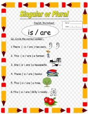 English Worksheet: singular and plural for 1st and 2nd grade  the use of is and are 