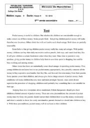 English Worksheet: 9th form end of term test n 1