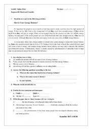 English Worksheet: energy balance text