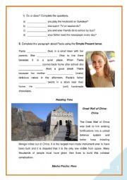 English Worksheet: simple present tense and reading seven wonders
