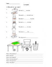 English Worksheet: prepositions on in under