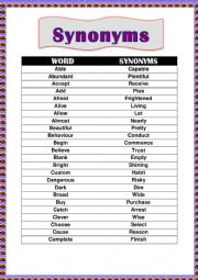 Synonyms and Worksheet
