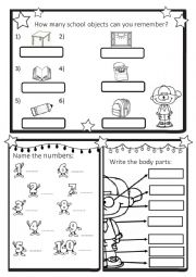 a quiz about numbers to 10, body parts, school objects