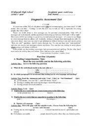 English Worksheet: First Year Diagnostic Assessment
