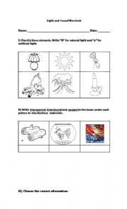 English Worksheet: light and sound worksheet