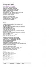 English Worksheet: I dont care by Ed Sheeran and Justin Bieber 