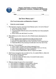 English Worksheet: 2-1. Mexican History Quiz - The French Intervention and Maximilians Empire 