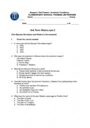 English Worksheet: 2-2. Mexican History Quiz- The Mexican Revolution and Maderos Government