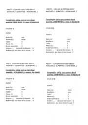 English Worksheet: PAIR WORK  QUANTITIES 