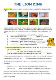 English Worksheet: THE LION KING READING COMPREHENSION