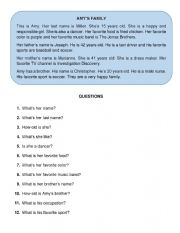 English Worksheet: Reading comprehension - Amy�s family