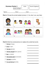 English Worksheet: Grammar subject pronoun test unit 5-6