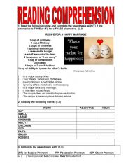 English Worksheet: READING COMPREHENSION - RECIPE FOR A HAPPY MARRIAGE