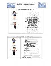 English Worksheet: PERSONAL INFORMATION SPEAKING AND WRITING CARD