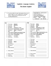 English Worksheet: PERSONAL INFORMATION SPEAKING AND WRITING CARD 2