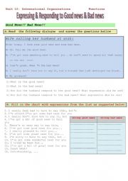 English Worksheet: RESPONDING AND EXPRESSING GOOD AND BAD NEWS