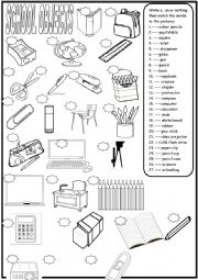 English Worksheet: School objects to name and colour for young learners