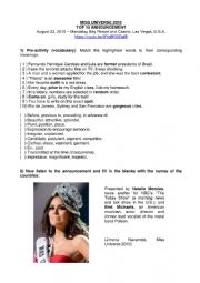 English worksheet: Miss Universe 2010, top 15 announcement