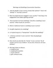 English Worksheet: Marriage and Weddings Conversation Questions