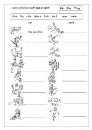 English Worksheet: can or can�t 