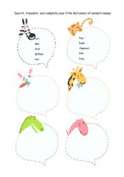 English Worksheet: My little animal name dictionary